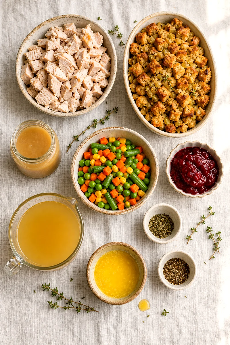Cooked turkey, stuffing, gravy, mixed vegetables, cranberry sauce, broth, butter, thyme, and pepper on white linen