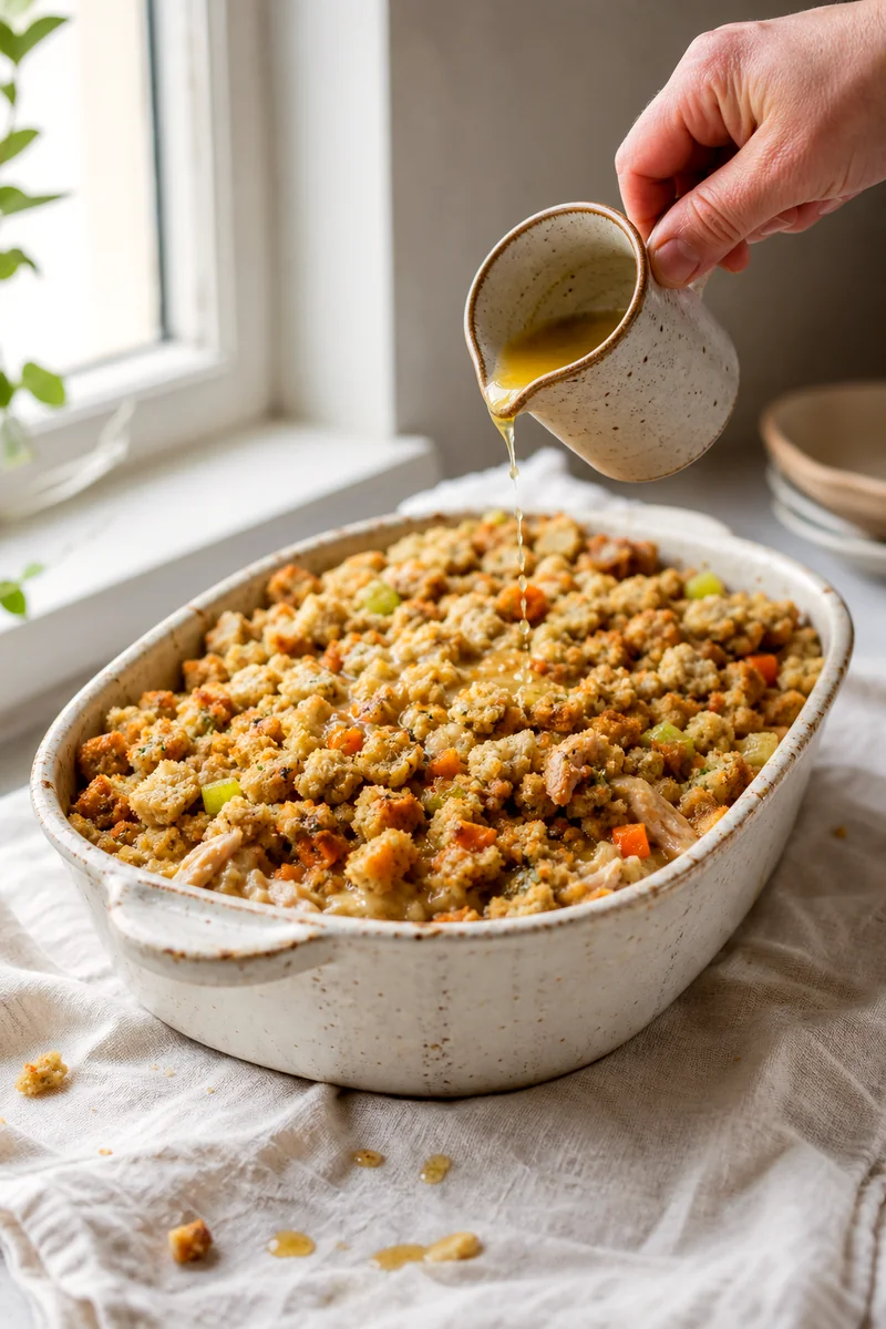 Melted butter being drizzled over stuffing in a turkey casserole before baking
