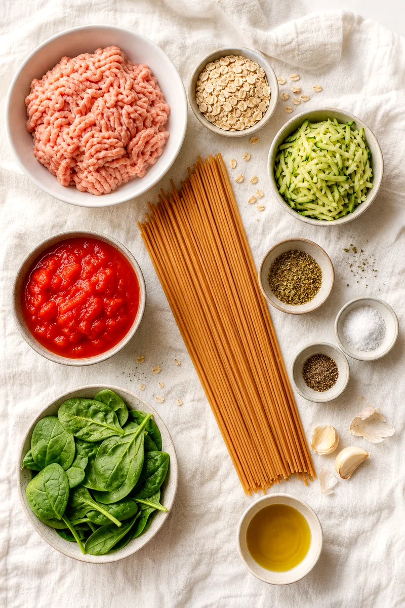 Ground turkey, oats, zucchini, spaghetti, tomatoes, spinach, garlic, and herbs arranged on white linen