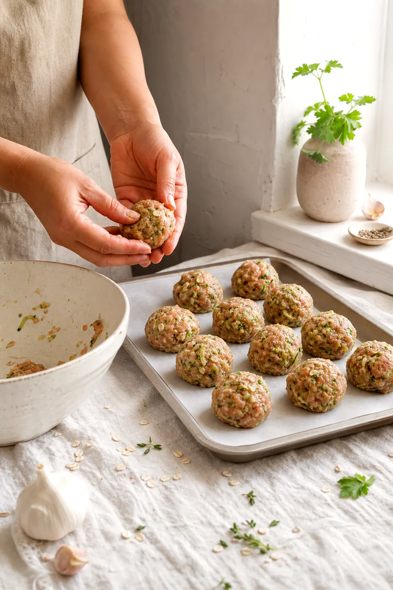 Hands shaping turkey zucchini meatballs beside a white mixing bowl and baking sheet