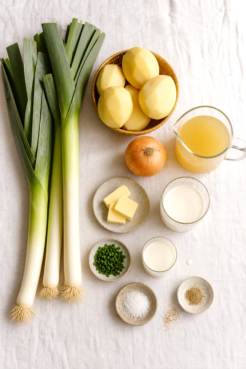 Leeks, potatoes, onion, butter, broth, cream, milk, chives, salt, and white pepper arranged on white linen