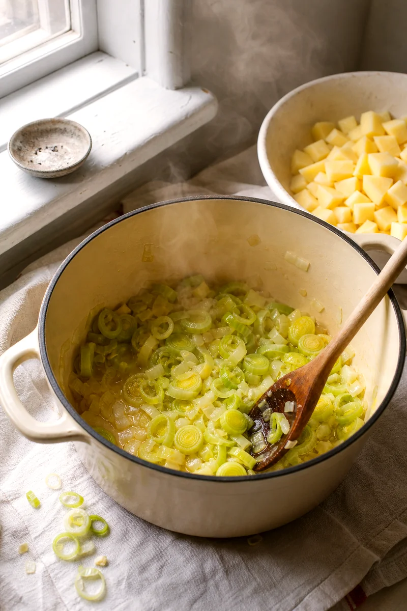 Sliced leeks and onion softening in butter in a light colored pot