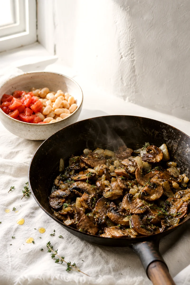 Mushrooms, onion, garlic, and thyme browning in a skillet beside bowls of beans and tomatoes