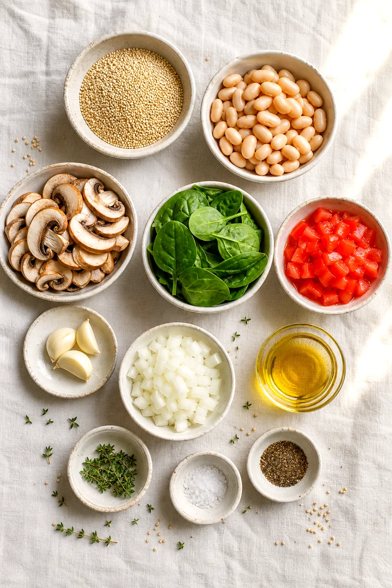 Quinoa, white beans, mushrooms, spinach, tomatoes, garlic, onion, olive oil, and thyme arranged on white linen