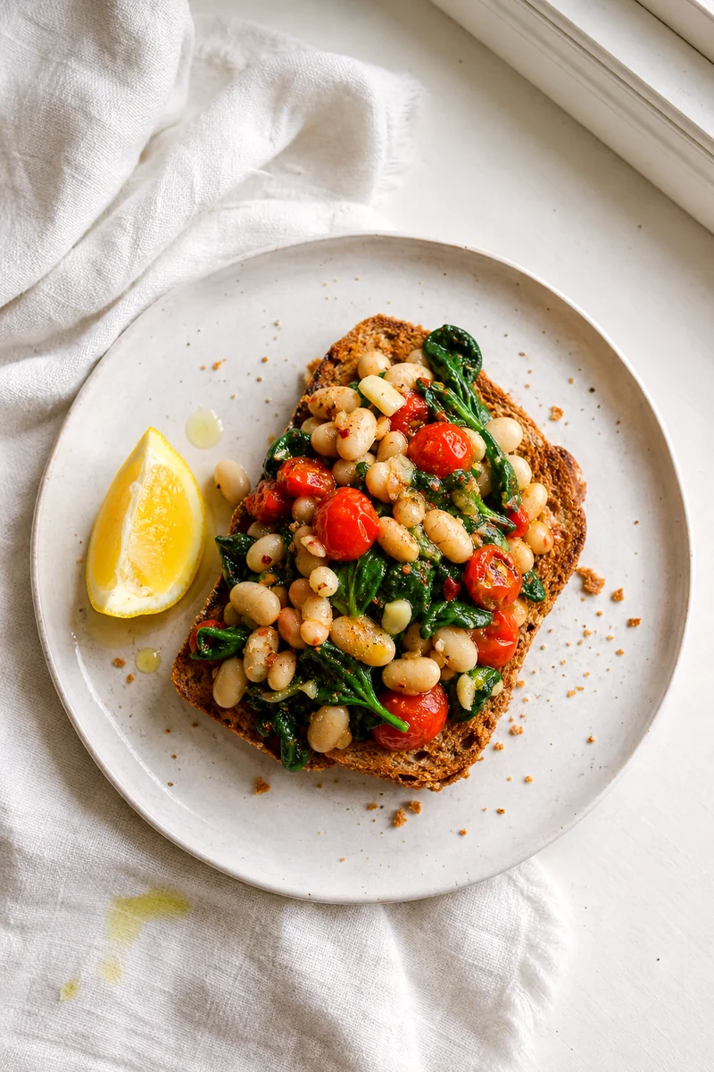 White bean tomato toast with spinach and lemon on a white ceramic plate