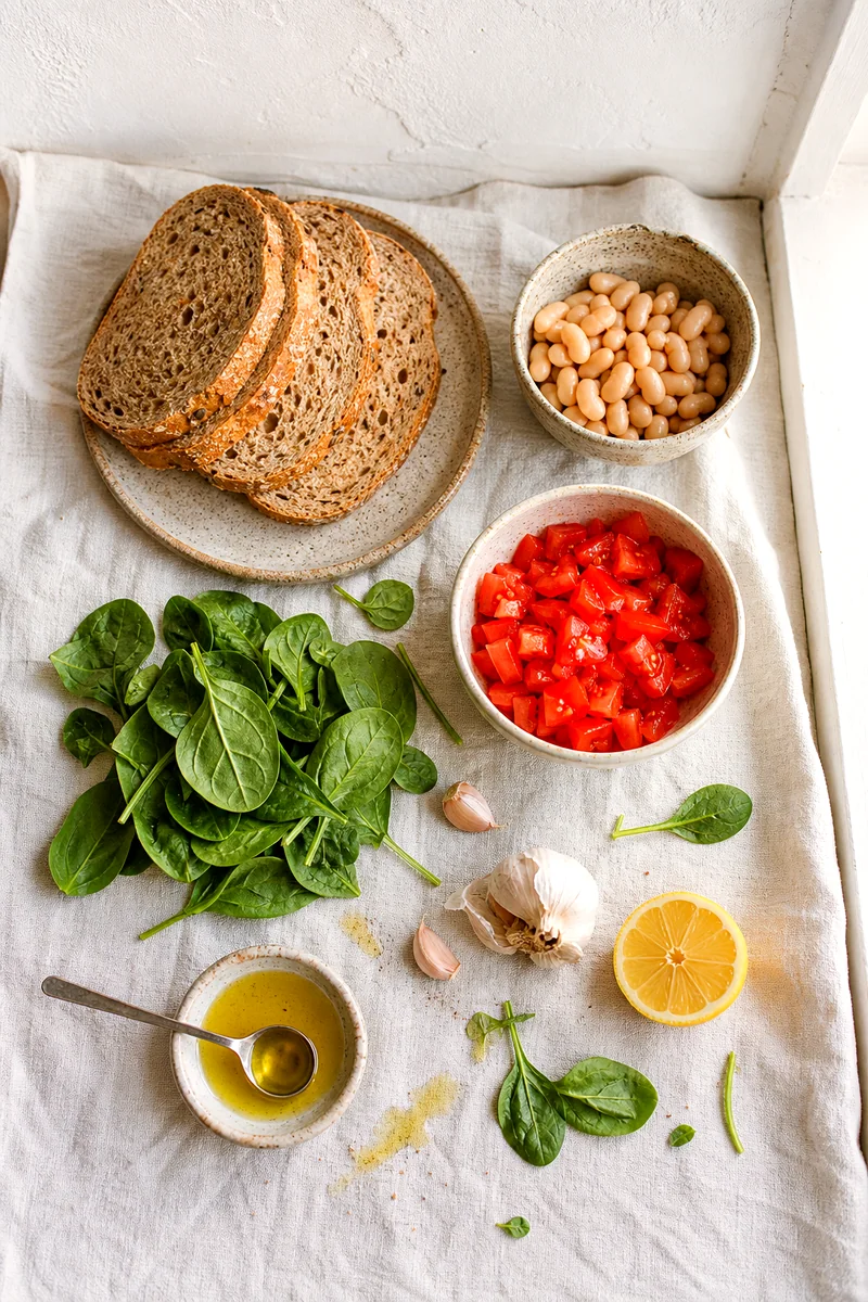 Whole grain bread, cannellini beans, tomatoes, spinach, garlic, lemon, and olive oil arranged on white linen