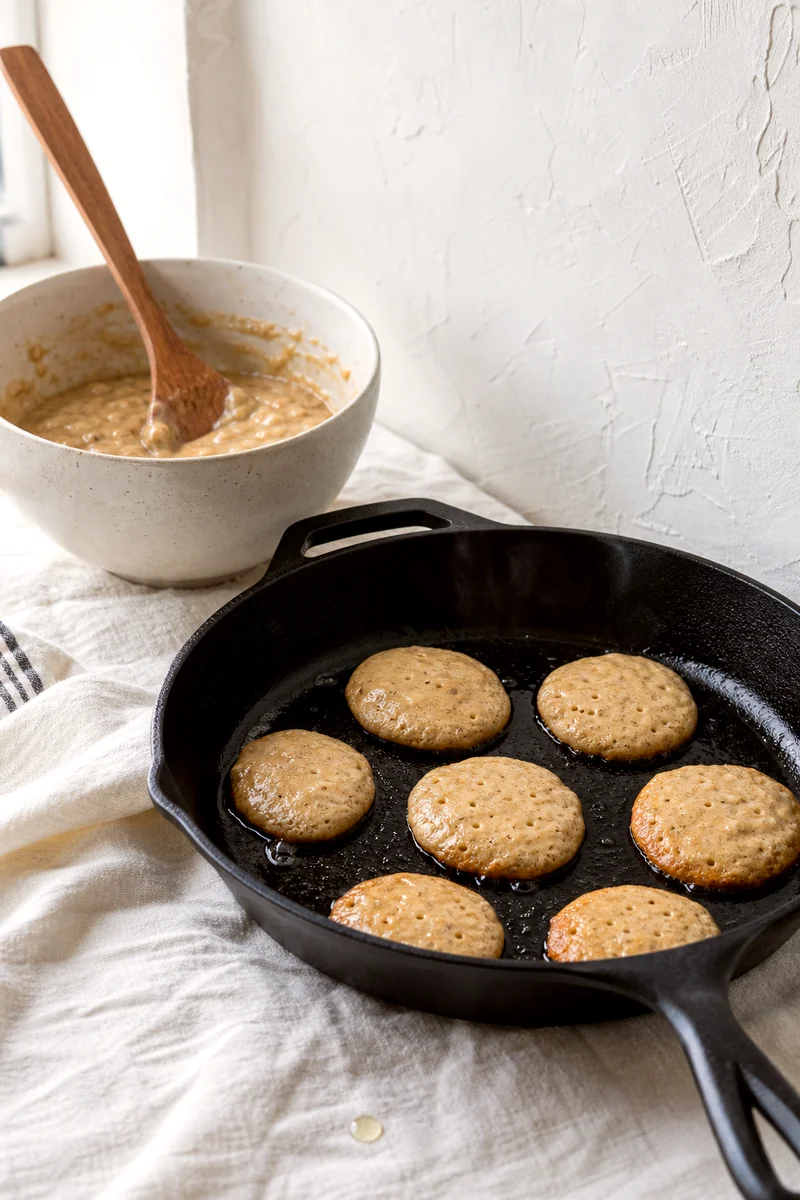Small banana pancakes cooking in a skillet with bubbles on the surface and golden edges