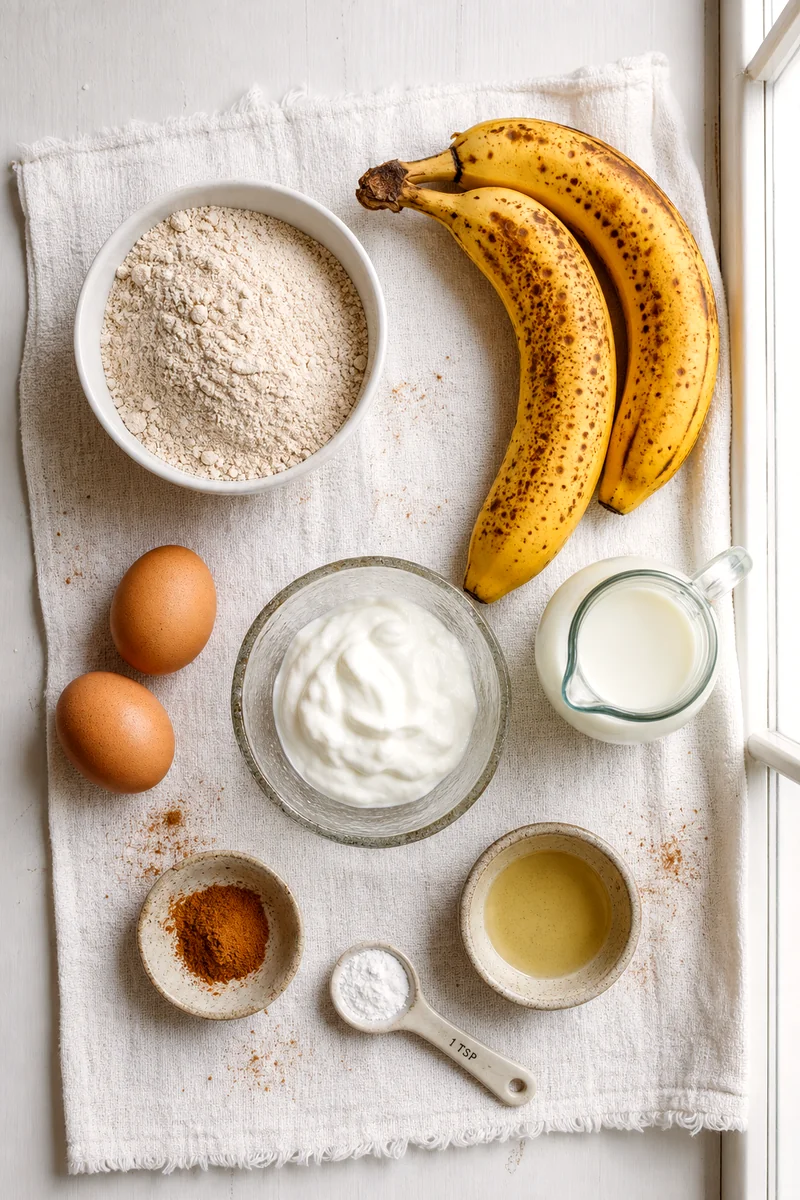 Whole wheat flour, ripe bananas, eggs, Greek yogurt, milk, cinnamon, baking powder, and oil on white linen
