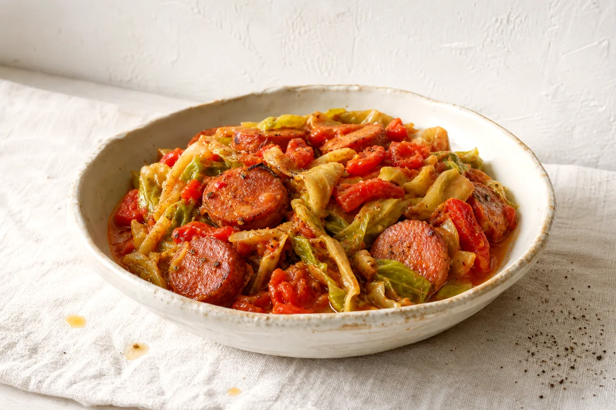 cabbage-and-sausage-skillet-with-summer-tomatoes