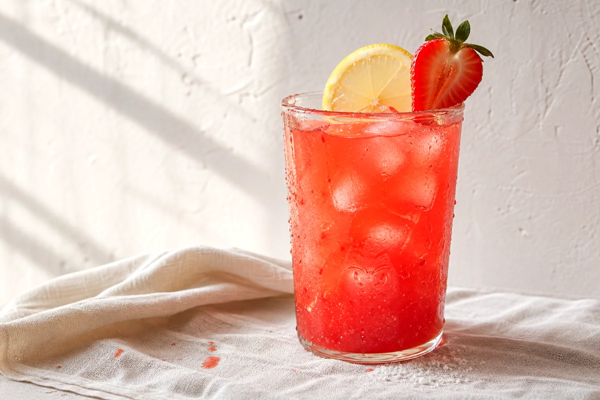 homemade-strawberry-lemonade-in-rustic-glass