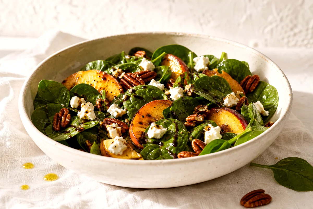 spinach-peach-salad-goat-cheese-pecans