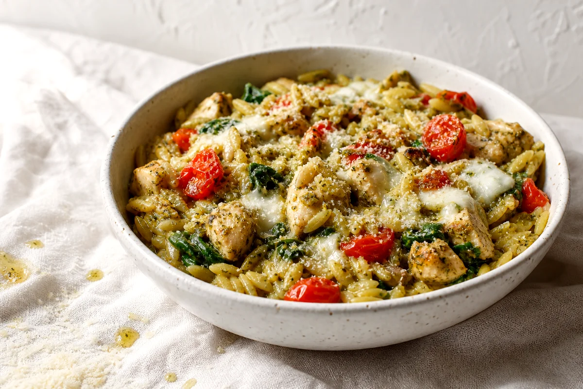 dump-and-bake-pesto-chicken-orzo-casserole-featured