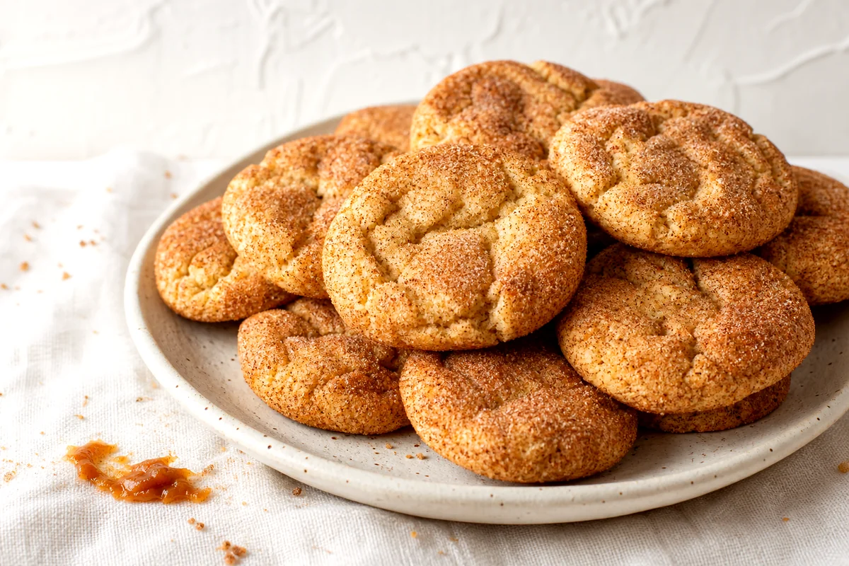 Chewy apple butter snickerdoodles with crackled cinnamon sugar tops on a white ceramic plate