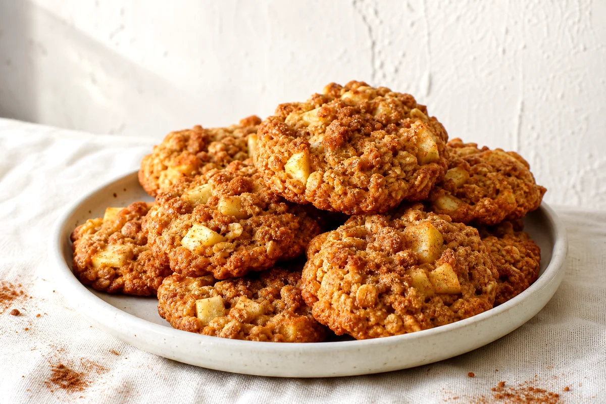 Golden apple crisp cookies with oat streusel on a white ceramic plate