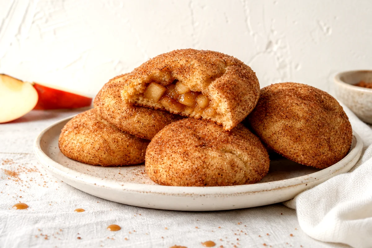 Broken snickerdoodle cookie showing a soft spiced apple filling on a white ceramic plate