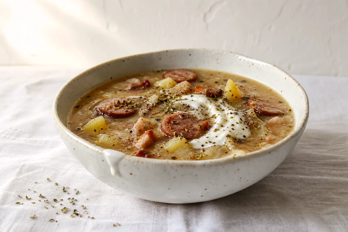 Creamy sour rye soup with potatoes, sausage, smoked pork, and sour cream in a white bowl