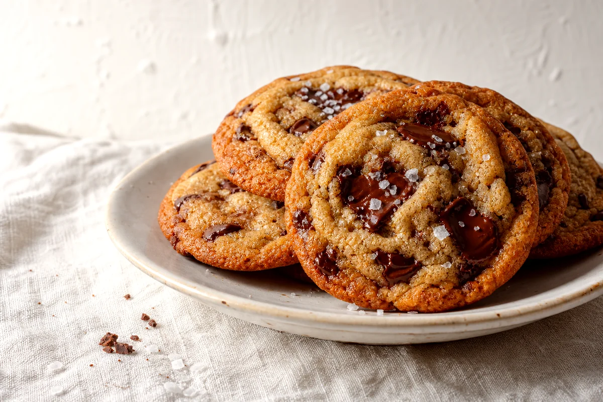 Golden brown butter chocolate chip cookies with melted chocolate and flaky sea salt on a white ceramic plate