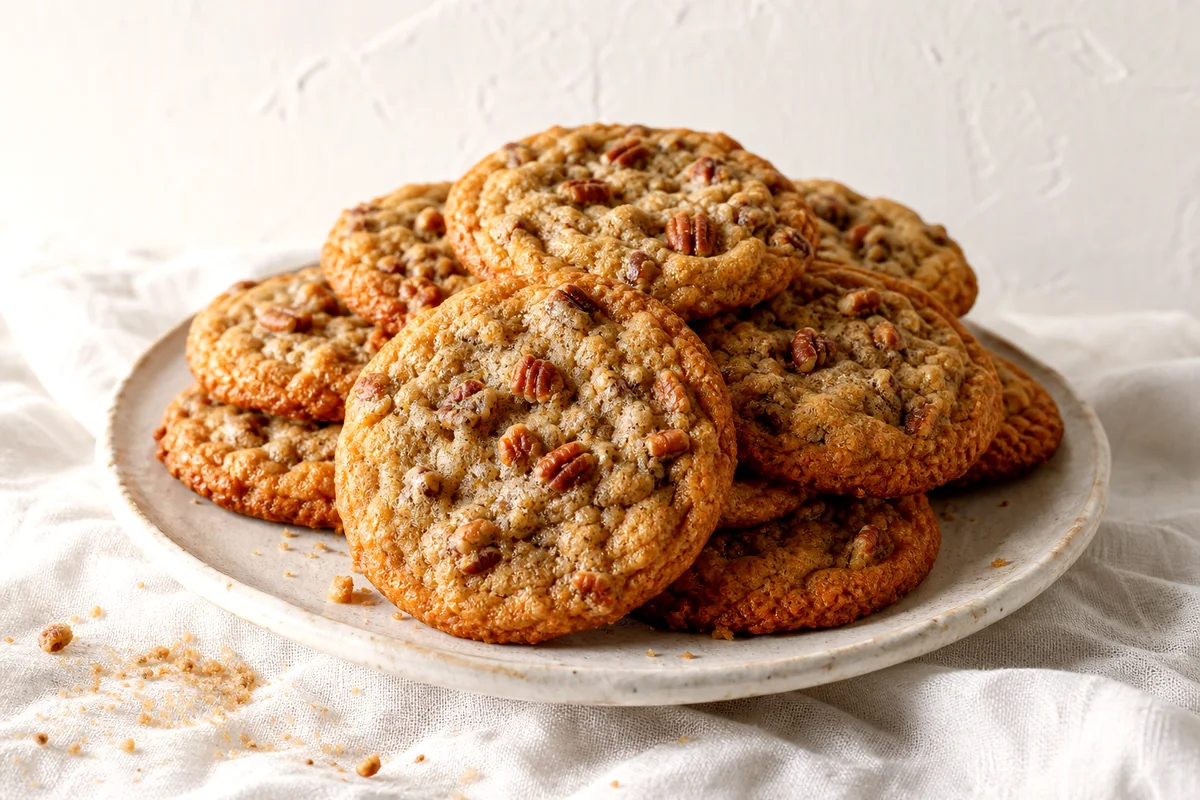 Golden brown butter pecan cookies stacked on a white ceramic plate with crumbs on linen