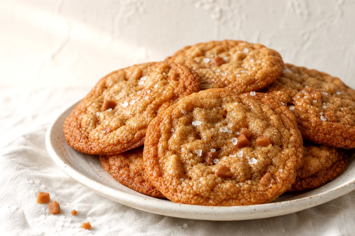 Golden brown butter toffee cookies with flaky sea salt on a white ceramic plate