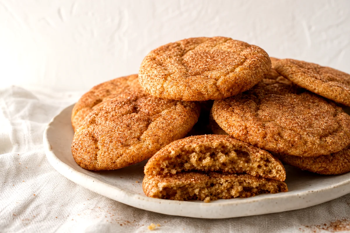Stacked cinnamon sugar cookies with crackled tops and one broken soft center on a white ceramic plate