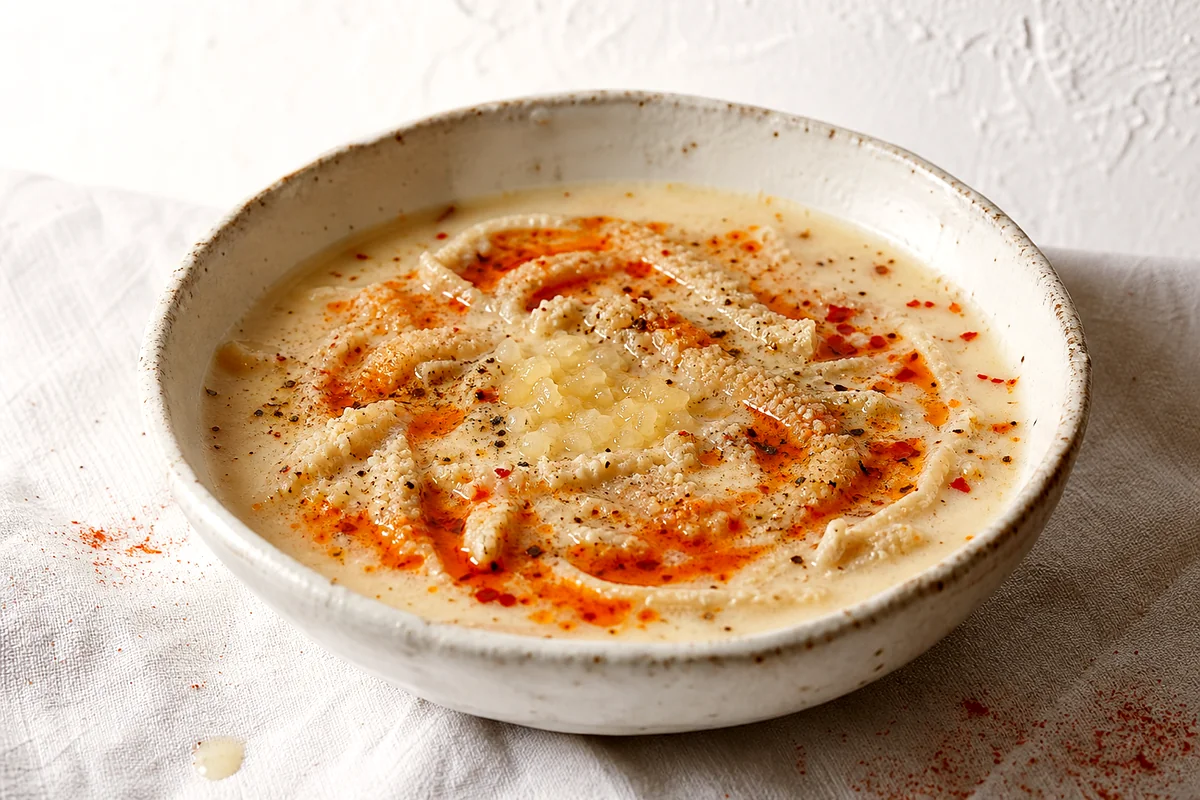 Creamy tripe soup with paprika butter, garlic vinegar, and red pepper flakes in a white ceramic bowl