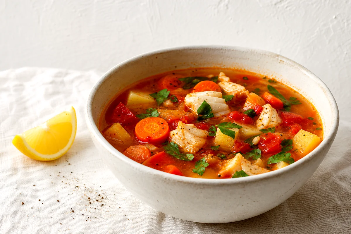 Bowl of Bulgarian fish soup with white fish, potatoes, carrots, tomatoes, herbs, and lemon