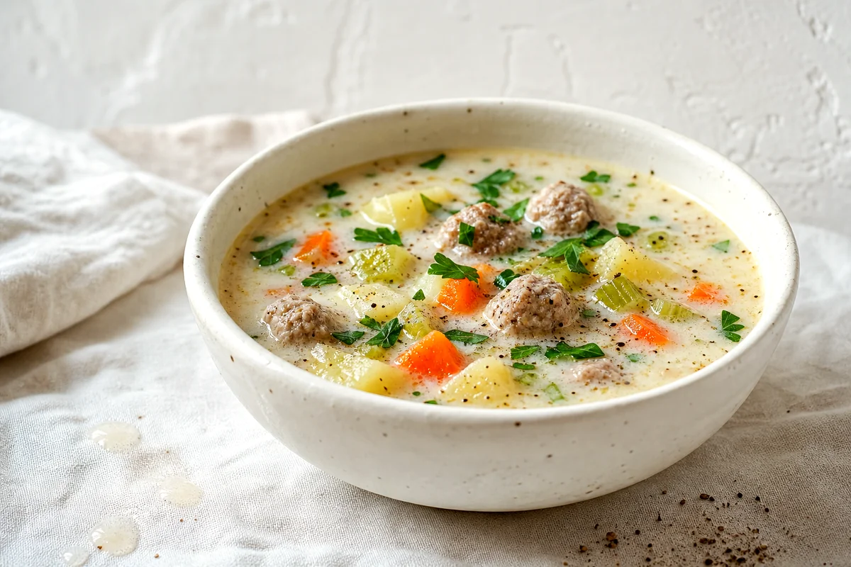 Creamy Bulgarian meatball soup with potatoes, carrots, celery, and parsley in a white ceramic bowl