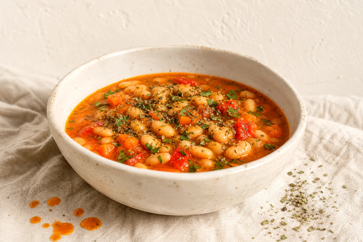 Bulgarian white bean soup with carrots, peppers, parsley, and paprika broth in a white ceramic bowl