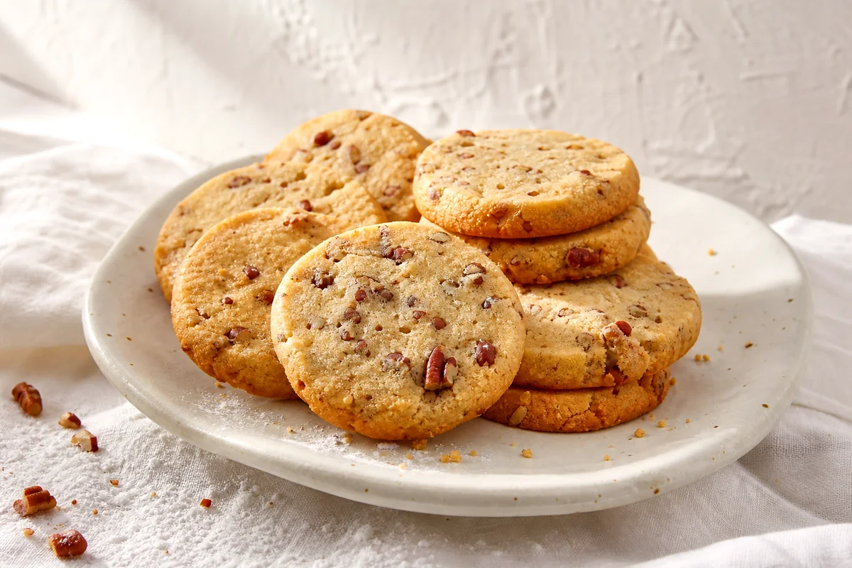 Buttery pecan shortbread cookies with golden edges stacked on a white ceramic plate