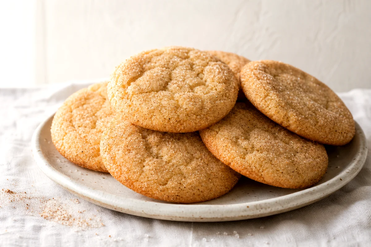 Golden chai sugar cookies stacked on a white ceramic plate with spiced sugar scattered on linen
