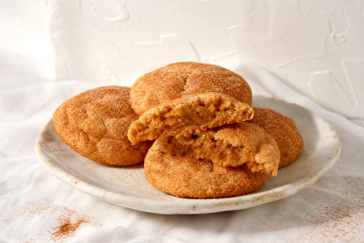 Soft apple cider cookies with cinnamon sugar and one broken cookie showing a chewy center