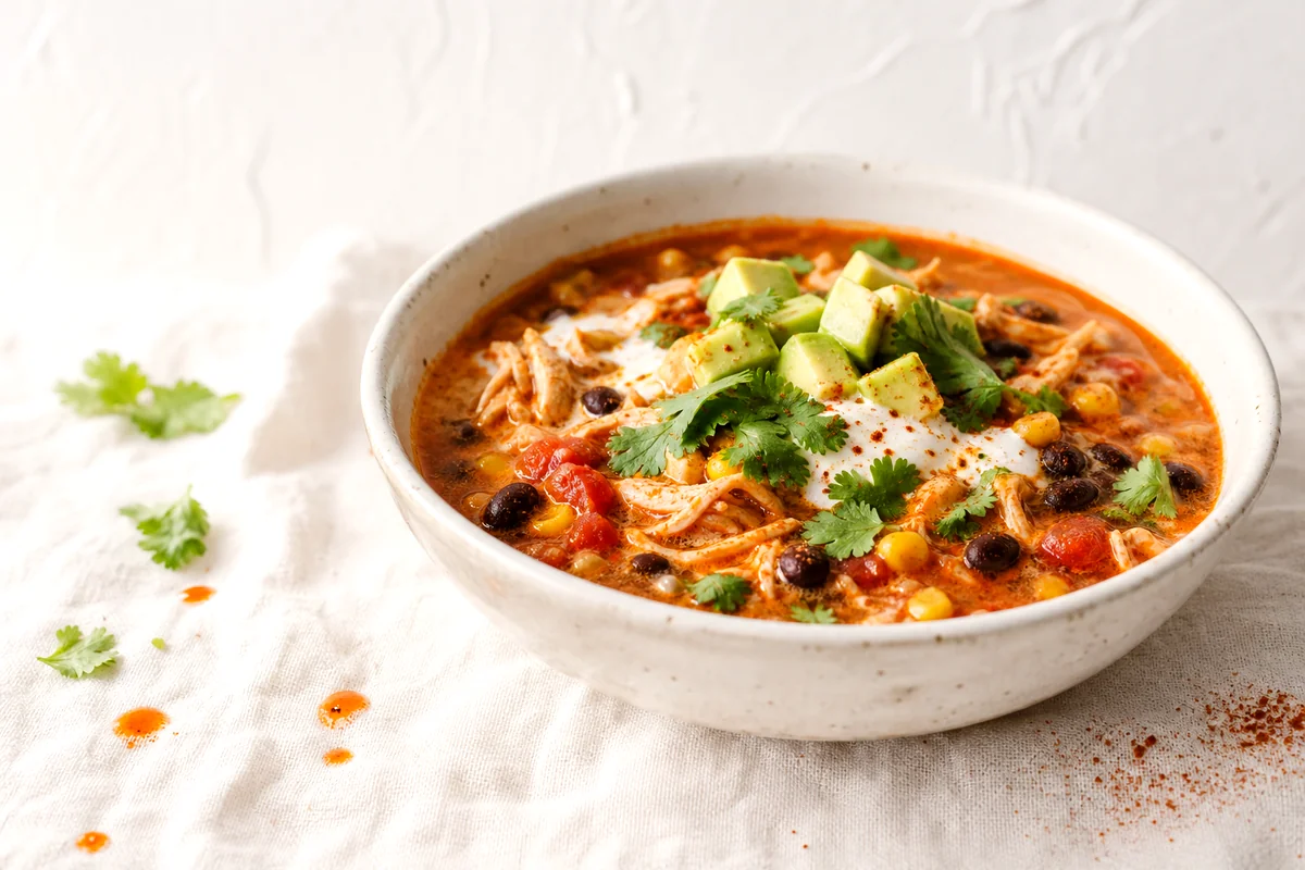 Creamy chicken enchilada soup topped with avocado, cilantro, black beans, corn, and Greek yogurt