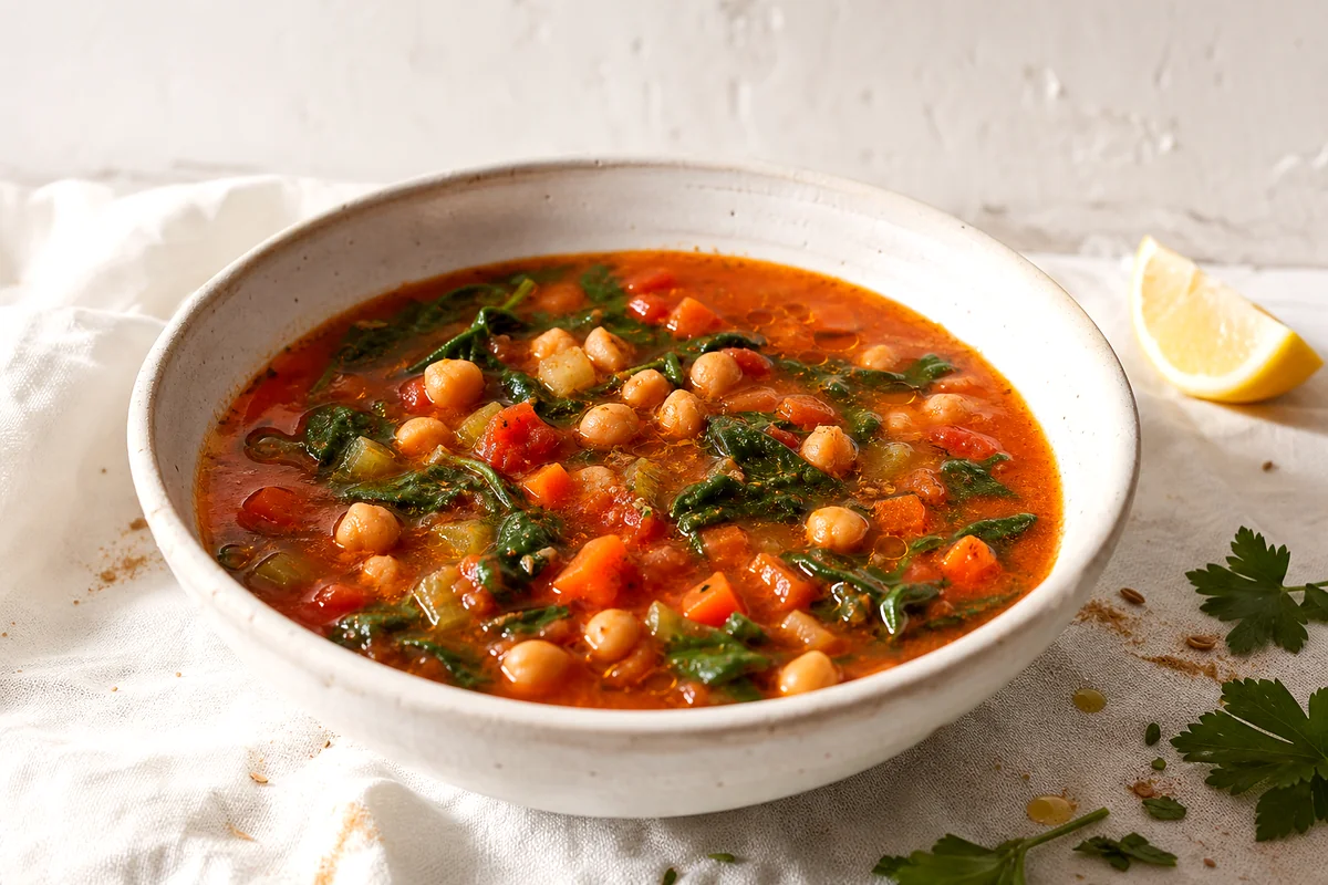 Hearty chickpea and spinach soup with carrots and tomatoes in a white ceramic bowl