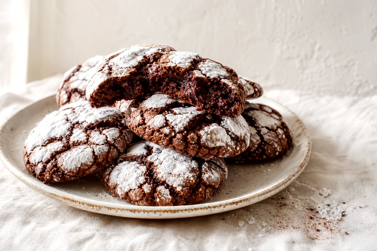 Crackled chocolate cookies dusted with powdered sugar on a white ceramic plate