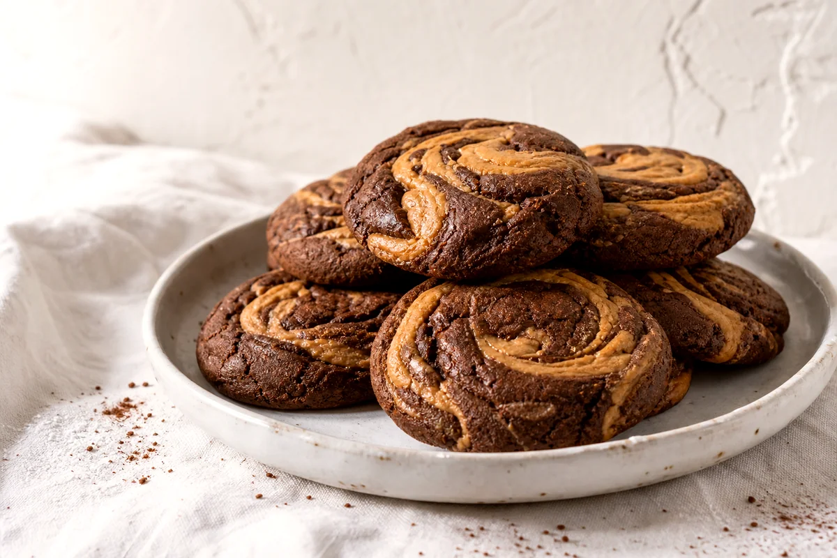 Soft chocolate cookies with peanut butter swirls stacked on a white ceramic plate