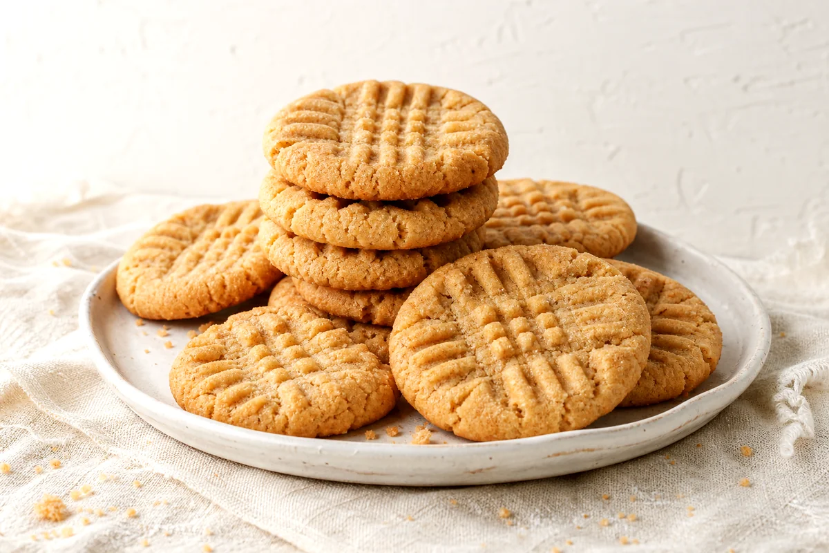Soft peanut butter cookies with fork crisscross marks on a white ceramic plate