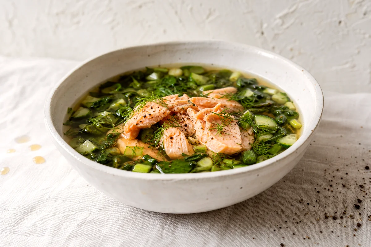 Chilled beet greens soup with salmon, cucumber, dill, and kvass in a white ceramic bowl