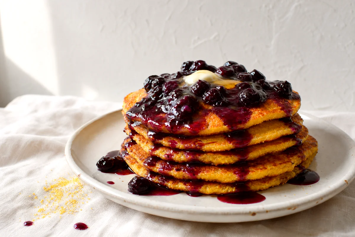 cornmeal-pancakes-blueberry-sauce-featured