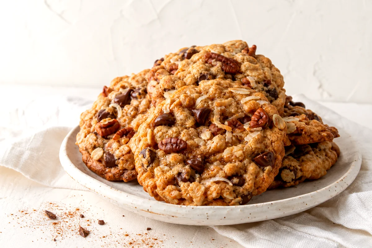 Golden cowboy cookies with oats, chocolate chips, coconut, and pecans on a white ceramic plate