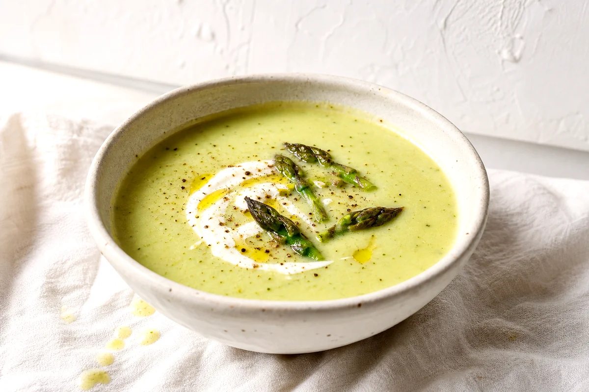 Pale green asparagus potato soup topped with yogurt swirl, black pepper, and asparagus tips in a white ceramic bowl