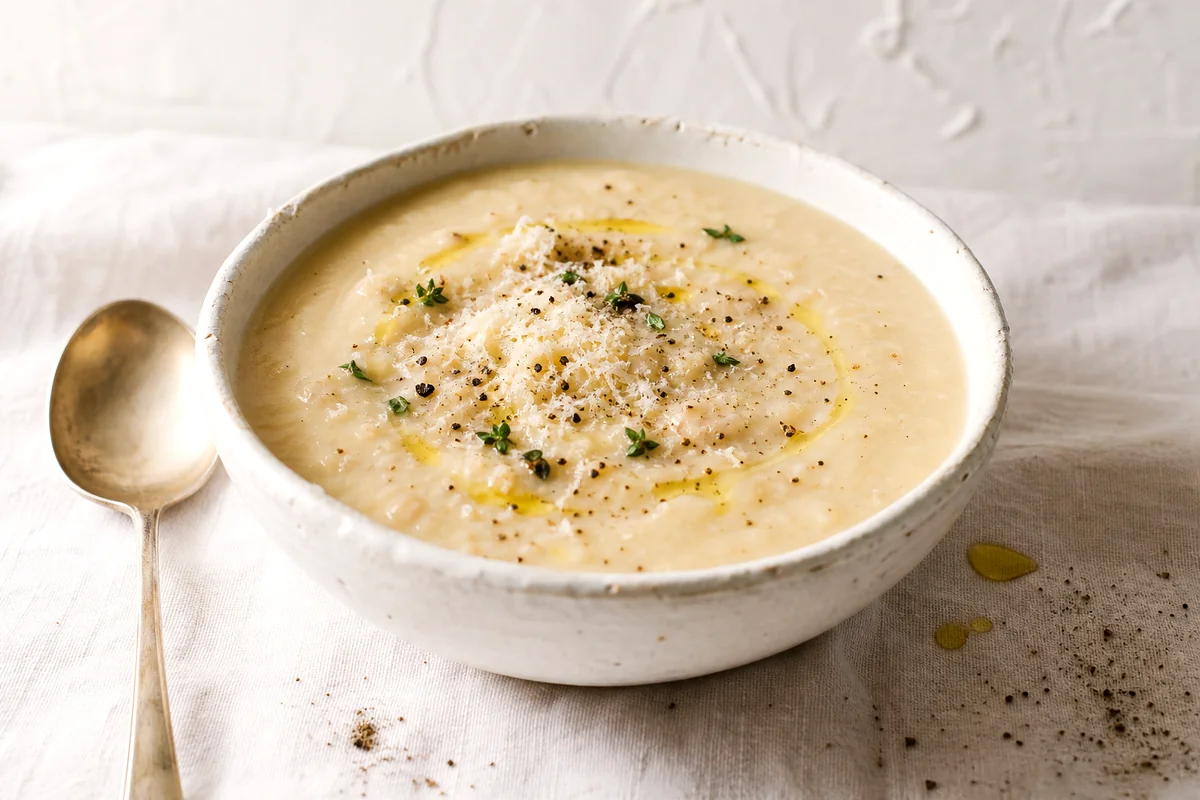 Creamy cauliflower and white bean soup topped with Parmesan, thyme, black pepper, and olive oil