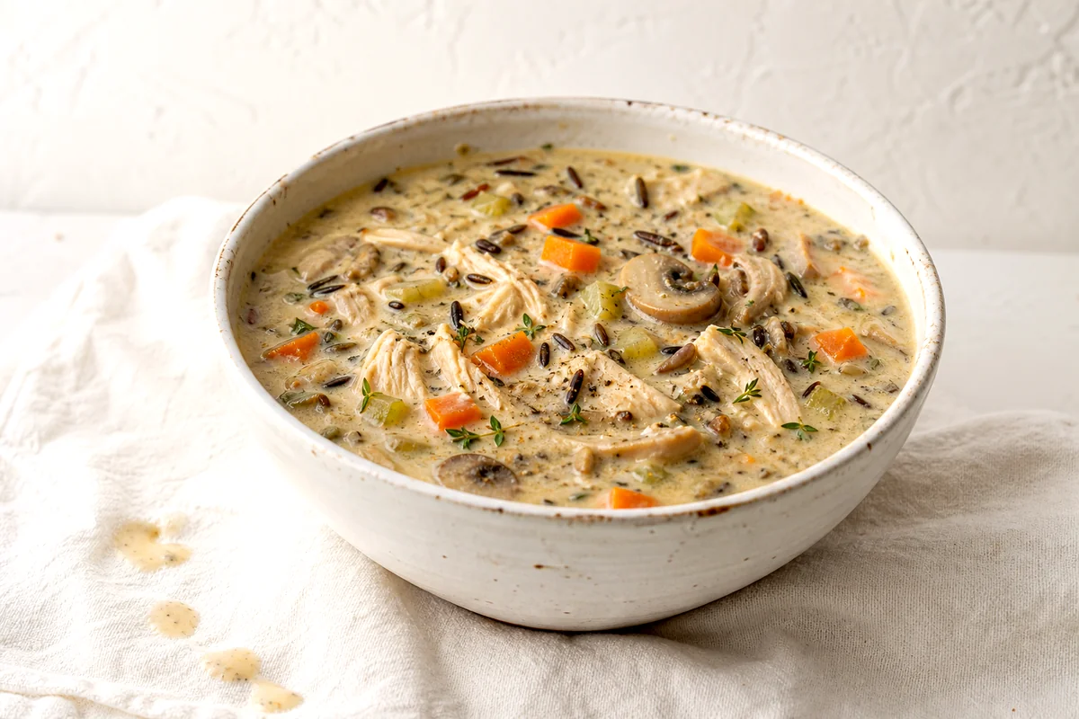 Creamy chicken and wild rice soup with mushrooms, carrots, celery, and shredded chicken in a white bowl