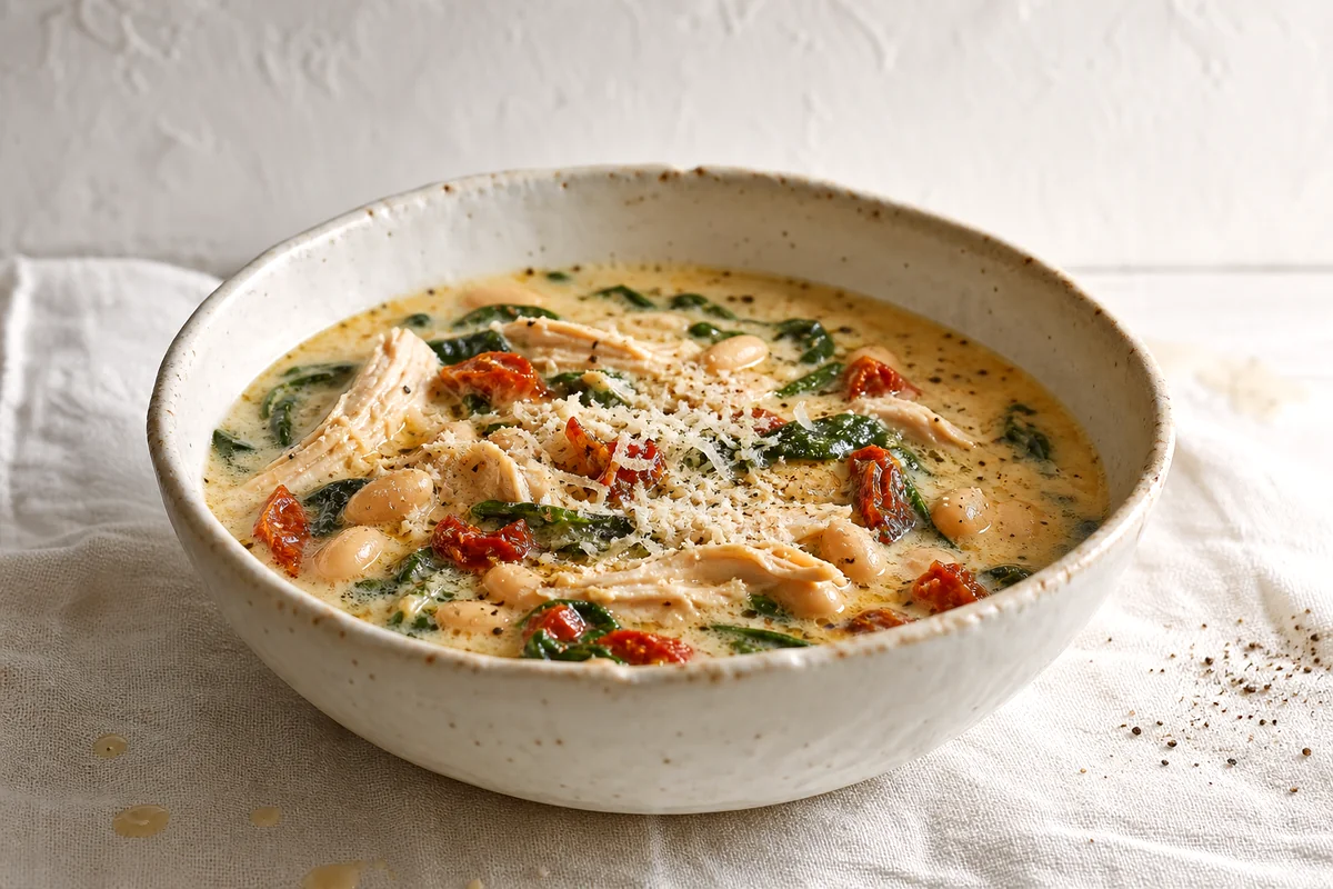 Creamy Tuscan chicken soup with spinach, beans, sun dried tomatoes, and Parmesan in a white bowl