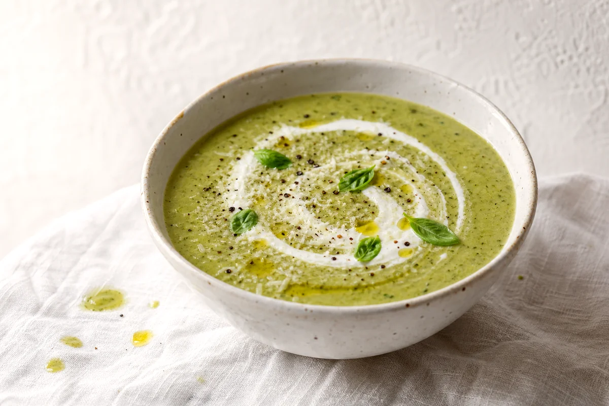 Creamy zucchini basil soup topped with yogurt, Parmesan, basil, and black pepper in a white ceramic bowl