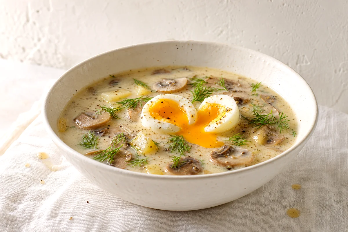 Creamy mushroom and dill soup in a white bowl with potatoes and a soft boiled egg