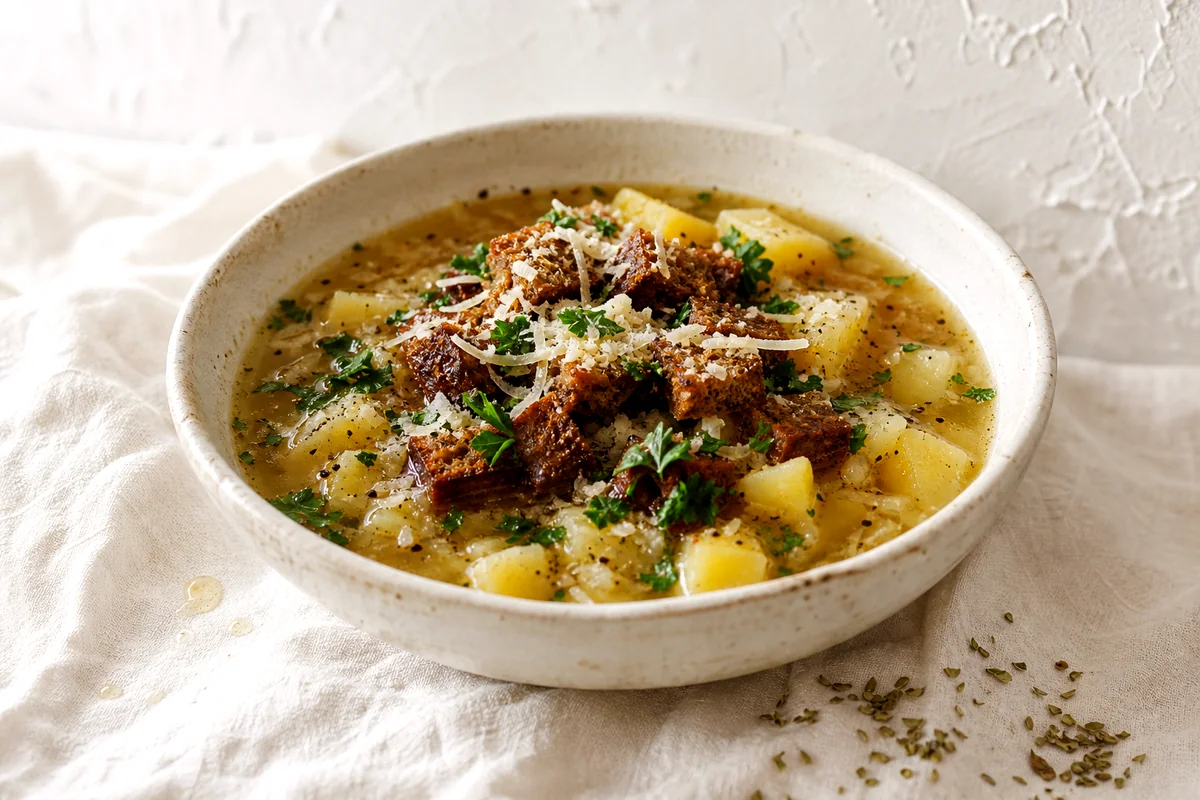 White bowl of Czech garlic potato soup topped with rye croutons, grated cheese, parsley, and black pepper