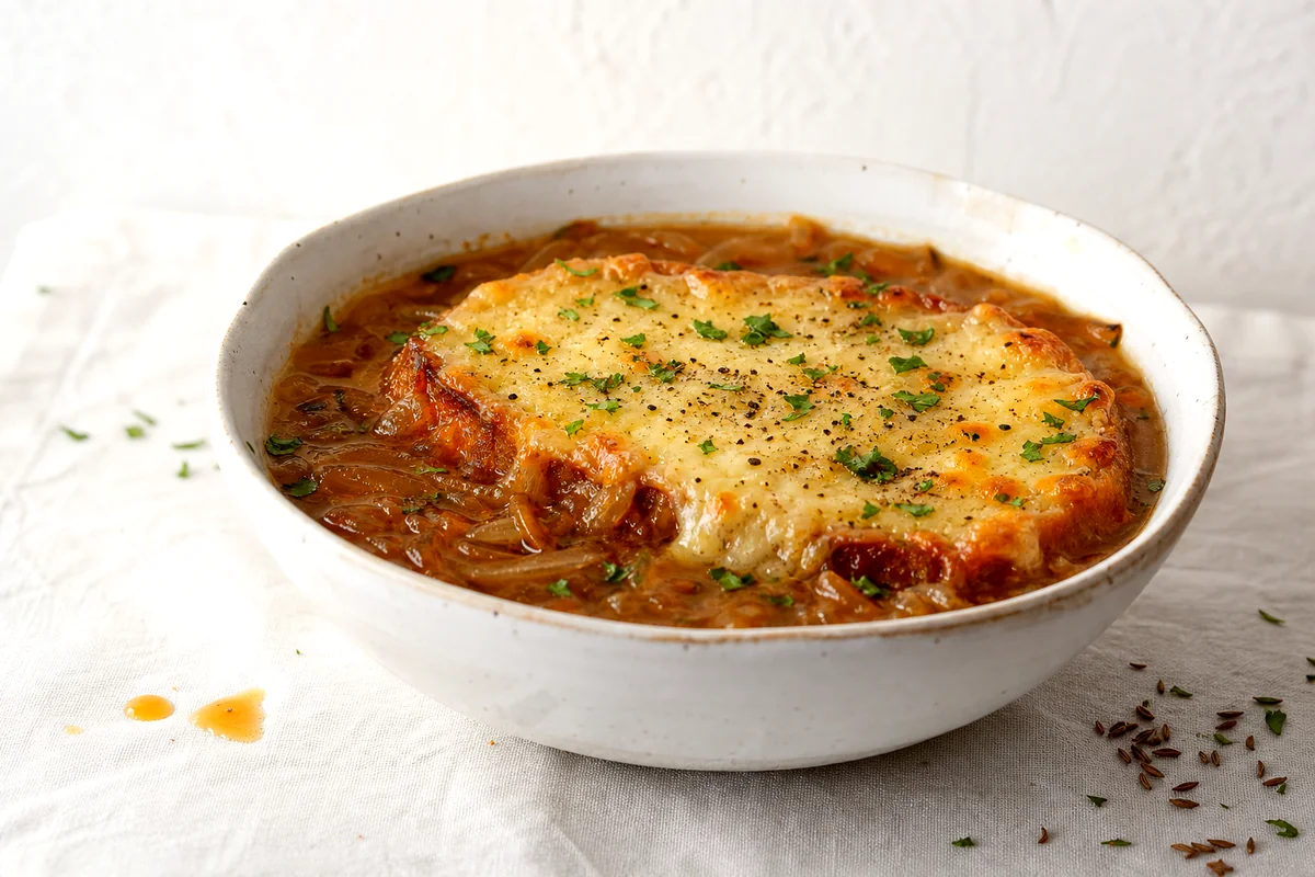Bowl of Czech onion soup topped with melted cheese toast and parsley on white linen