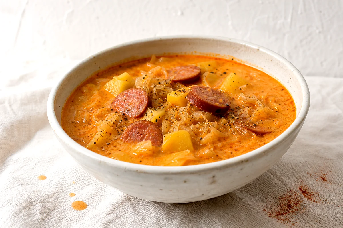 Creamy sauerkraut soup with smoked sausage, potatoes, and paprika in a white ceramic bowl