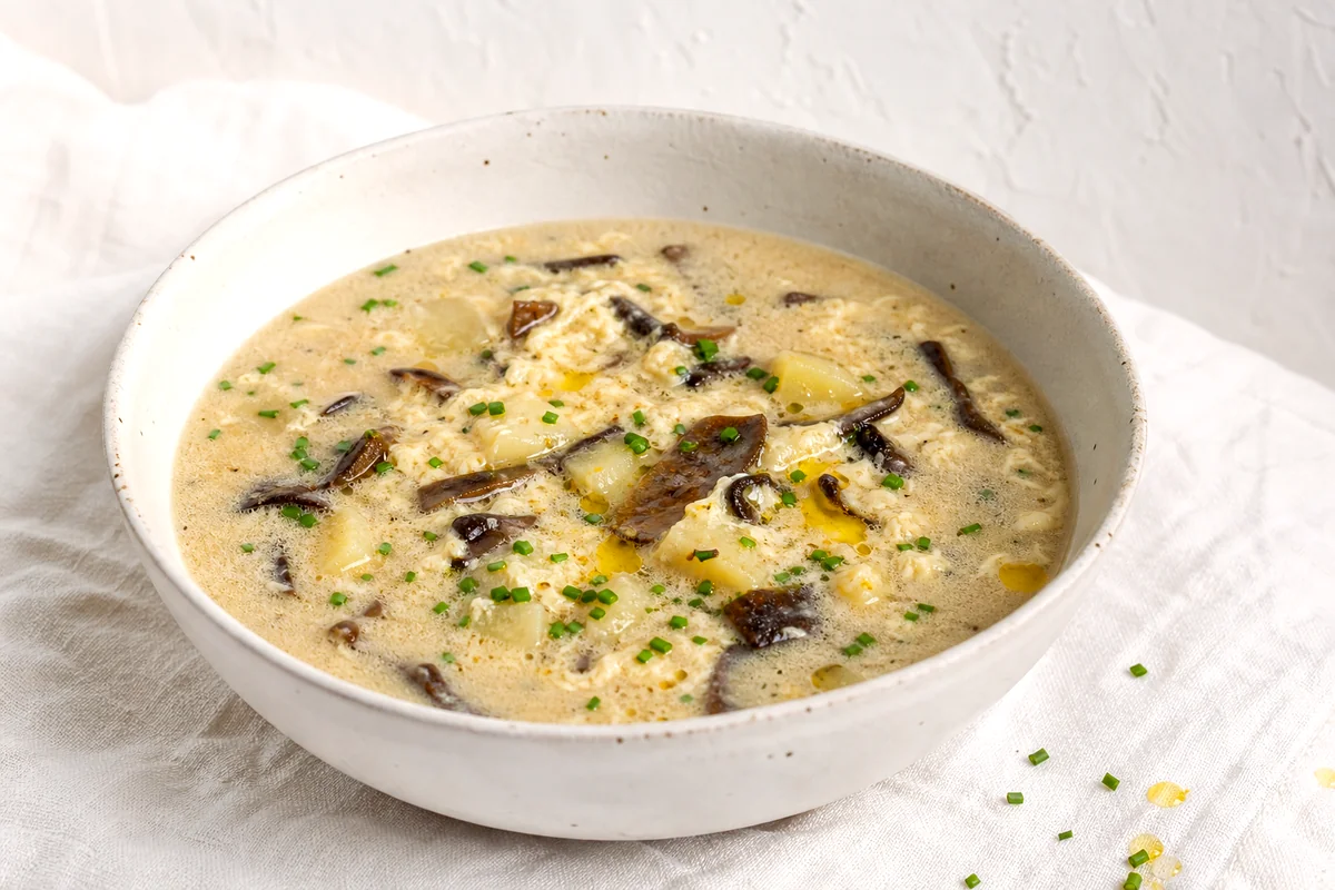 Creamy Czech mushroom soup with potatoes, egg ribbons, chives, and melted butter in a white ceramic bowl