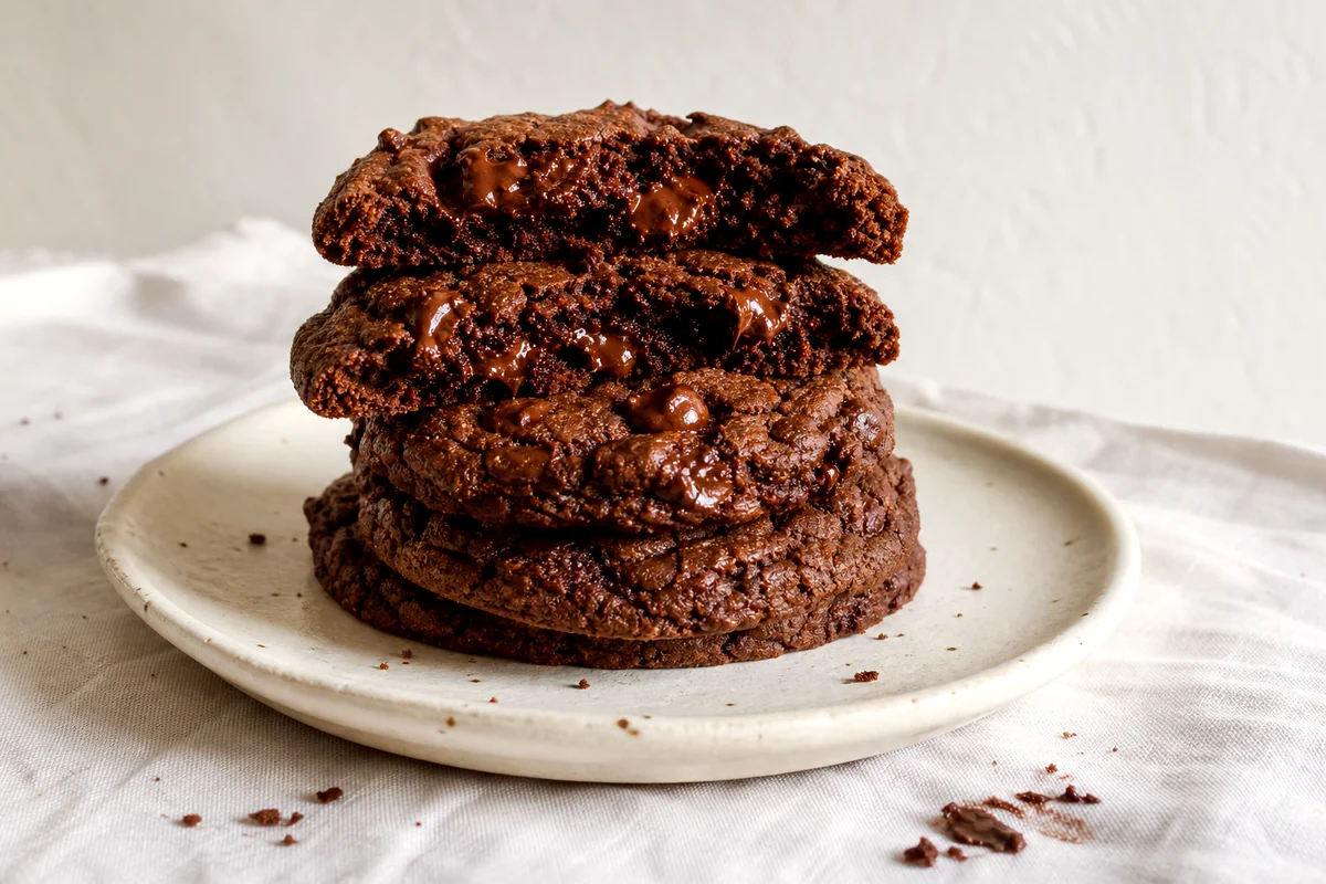 Fudgy double chocolate chip cookies stacked on a white ceramic plate with one broken open